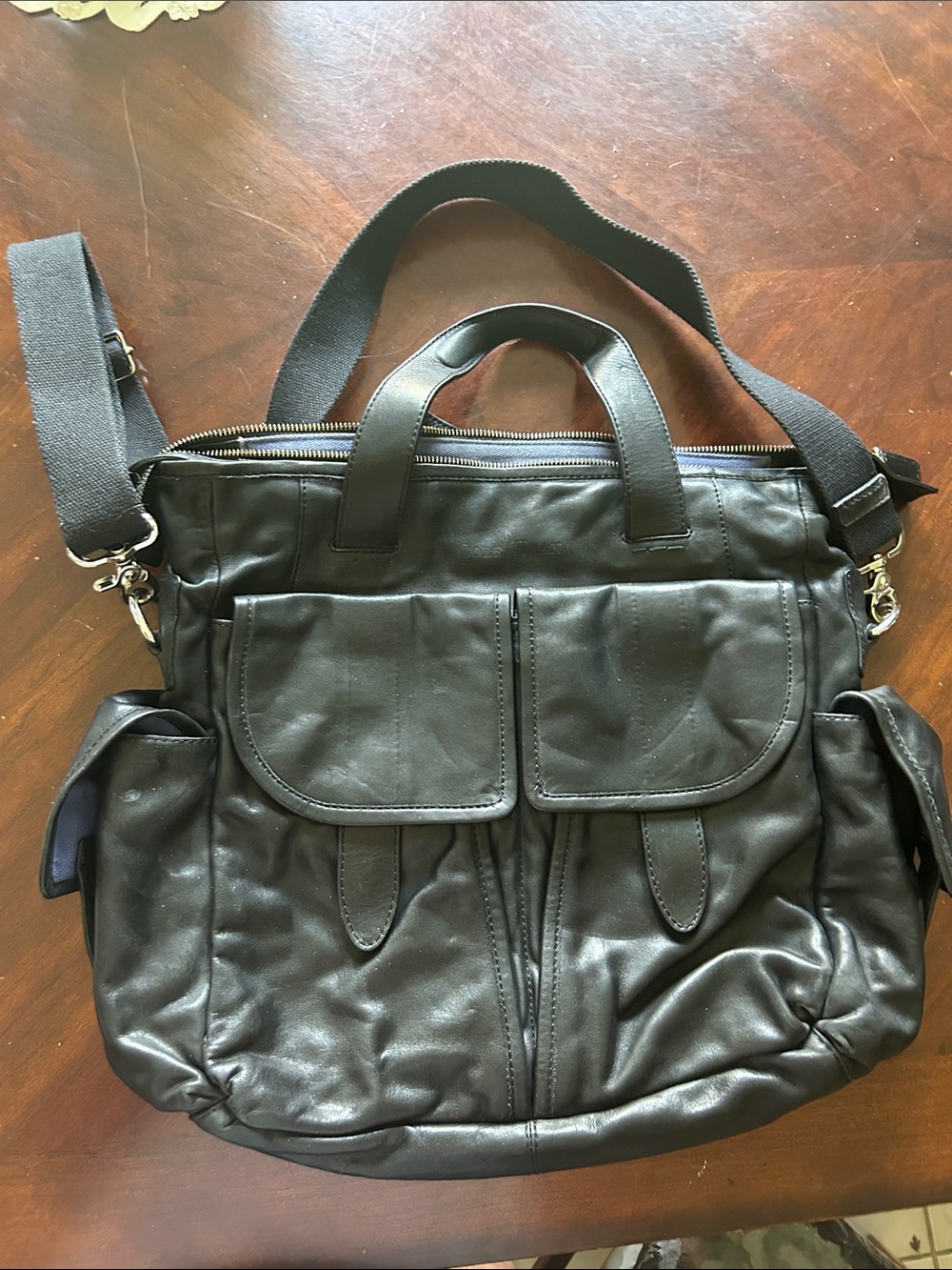 Cole Haan Black Leather Messenger Bag with Front Flap Pockets